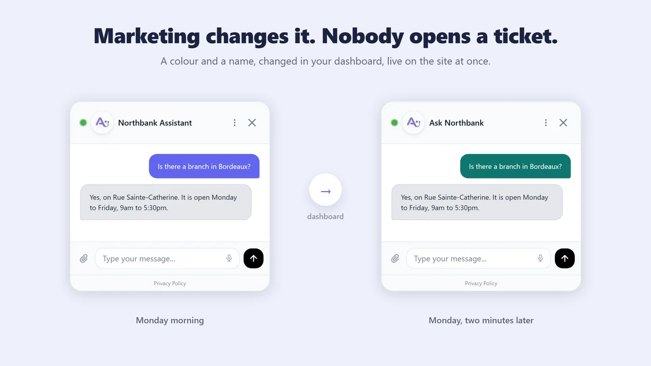 The same assistant shown twice, in two colours and under two names, changed from the dashboard