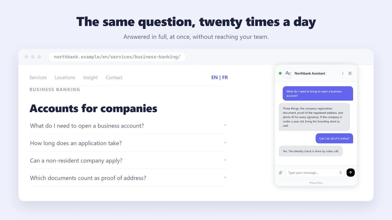A visitor on a business banking page asks which documents are needed to open an account, and the assistant answers in full