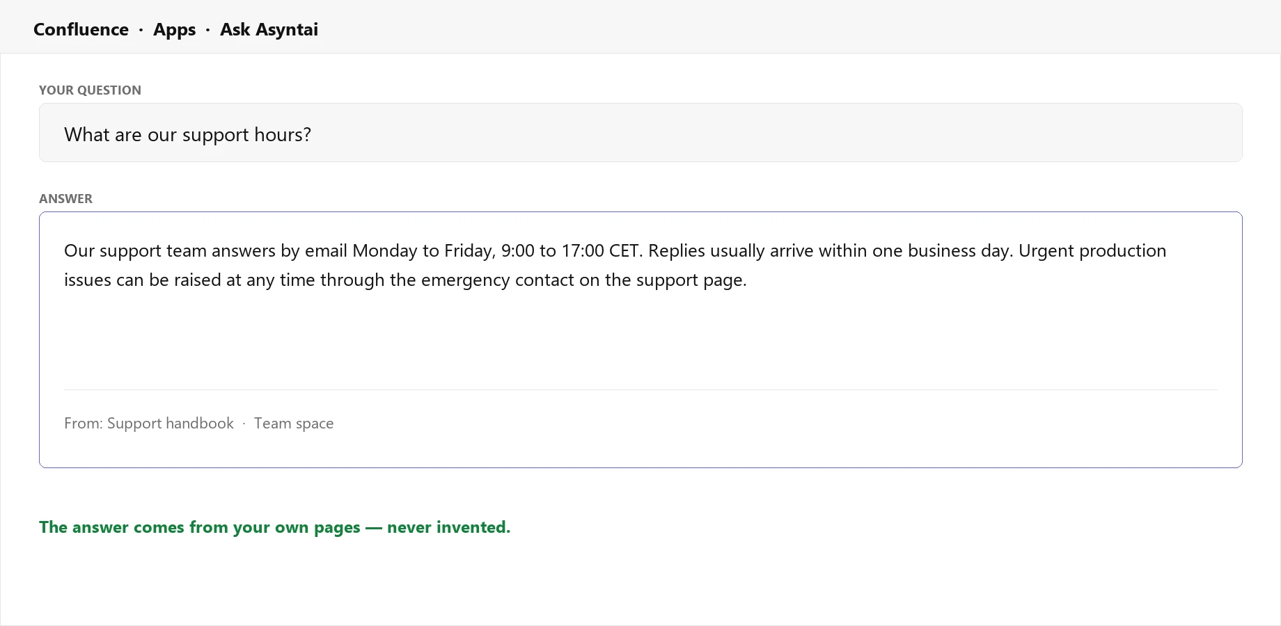 Ask a question inside Confluence and get an answer with the source page named