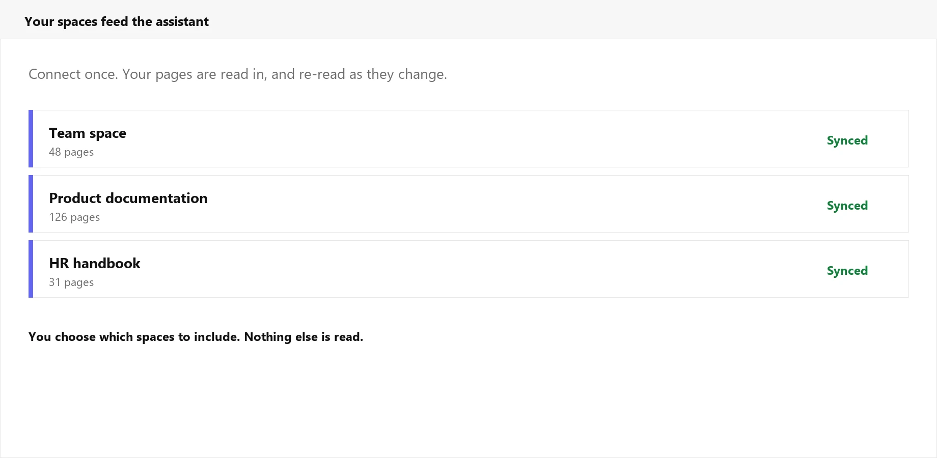 Choosing which Confluence spaces the assistant may read