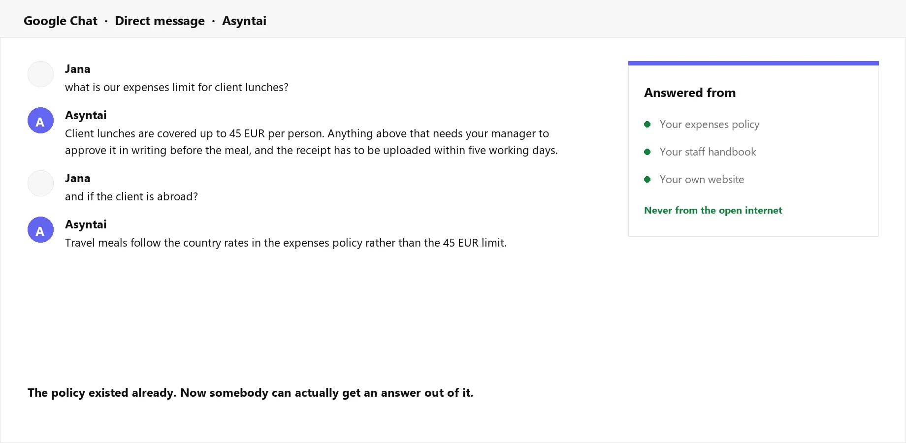 A Google Chat message answered from a company expenses policy
