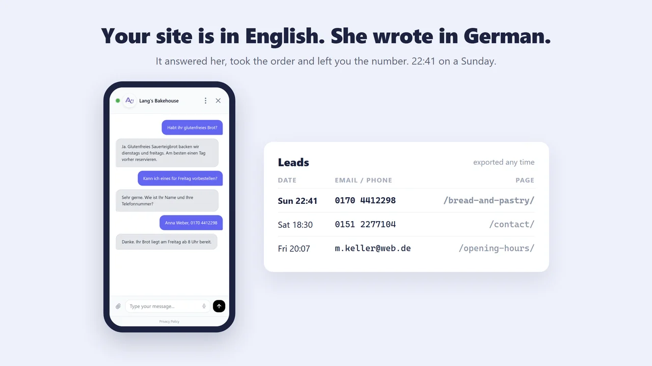 A phone showing a late Sunday conversation in German, next to the leads list with the captured number