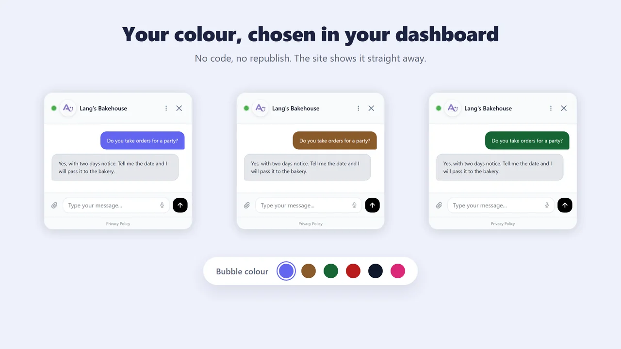 The same assistant shown in three bubble colours, with a colour picker below