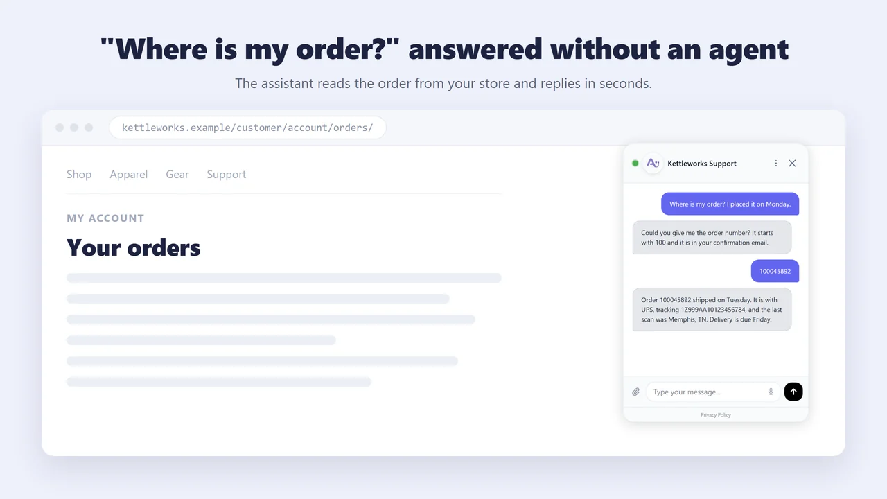 A customer asks where their order is, and the assistant replies with the carrier, the tracking number and the delivery date