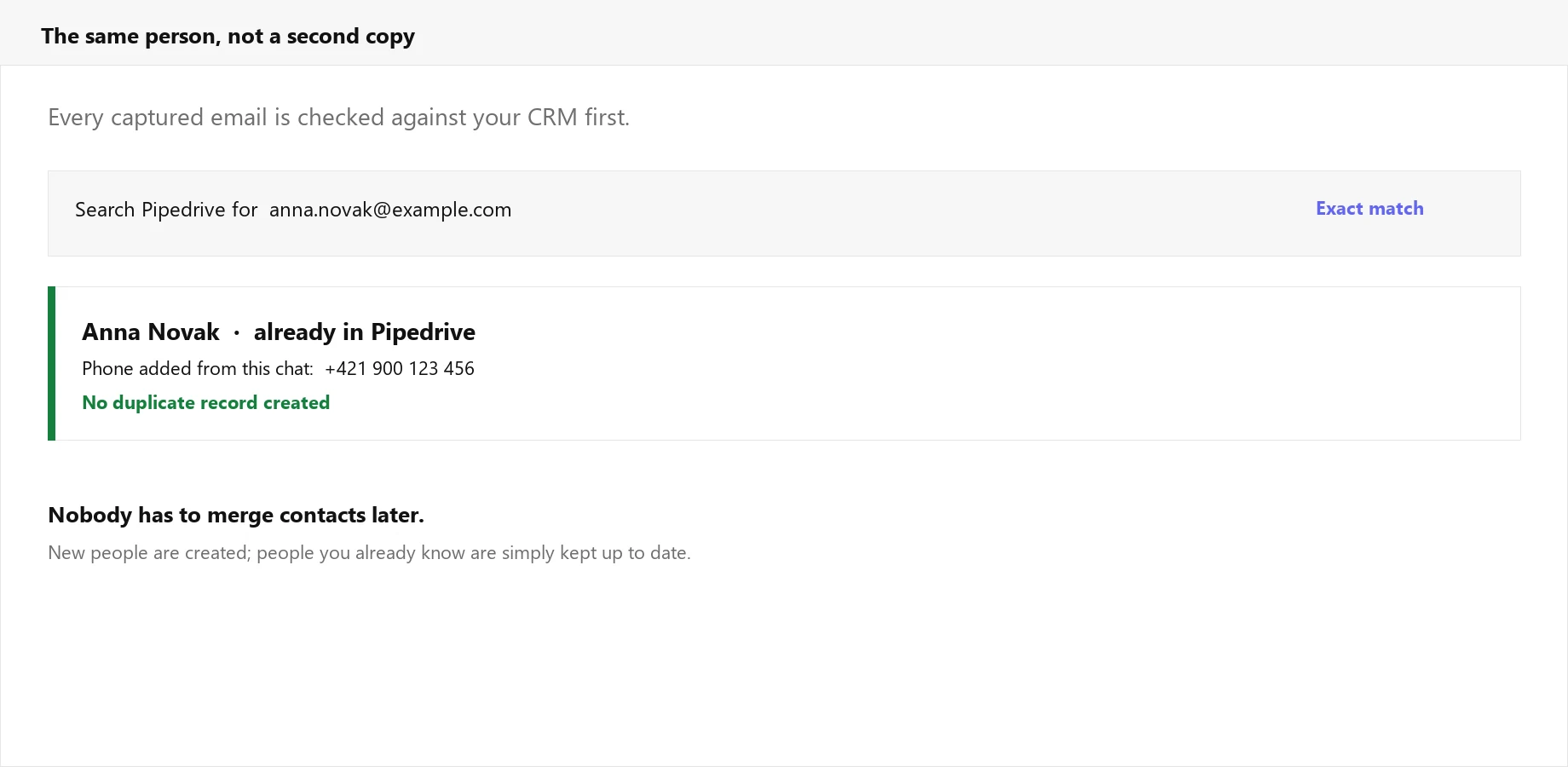 An existing Pipedrive person matched by email instead of duplicated