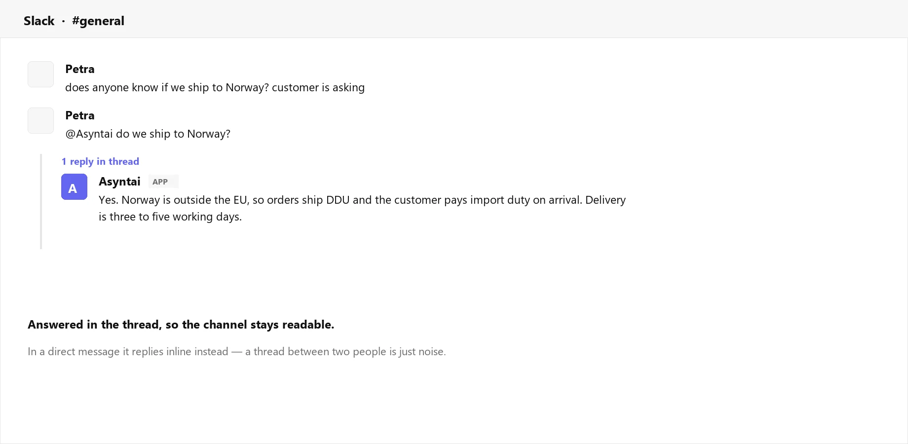 An at-mention in a Slack channel answered inside a thread