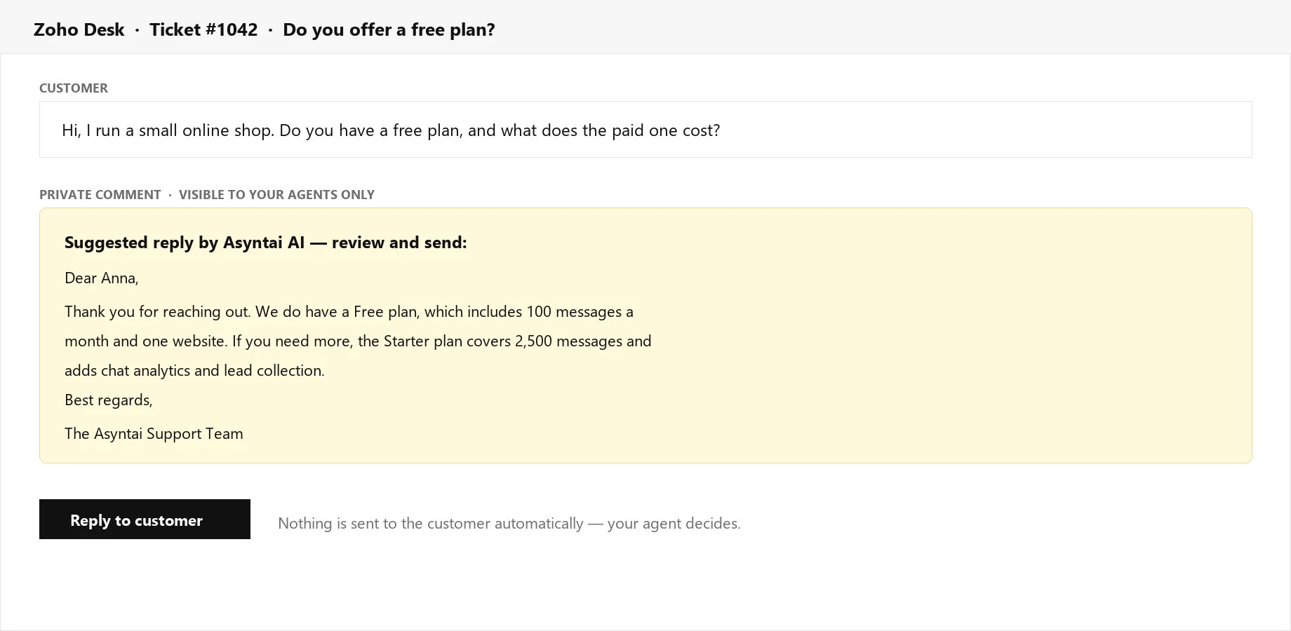 A Zoho Desk ticket with a suggested reply added as a private comment